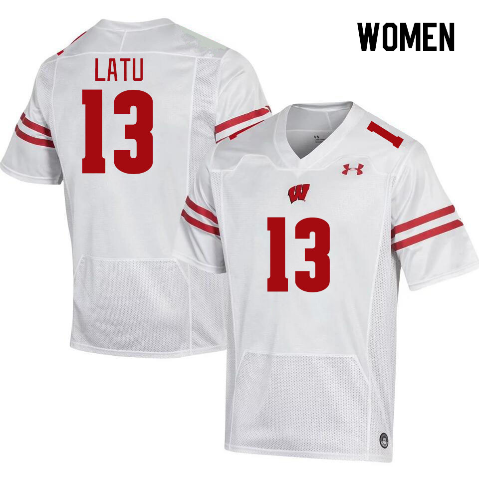 Women #13 Kamo'i Latu Winsconsin Badgers College Football Jerseys Stitched Sale-White